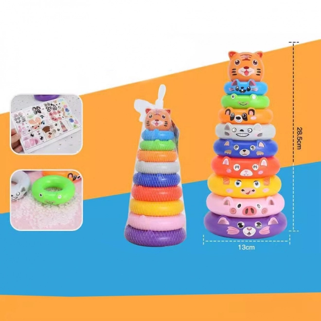 Bunte Stapelpyramide mit Tierstickern und Tiger