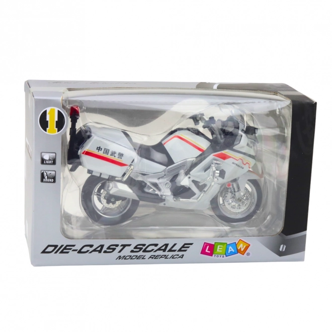 Metall Motorrad mit Lichtern und Geräuschen, weiß mit roten und gelben Streifen 1:12