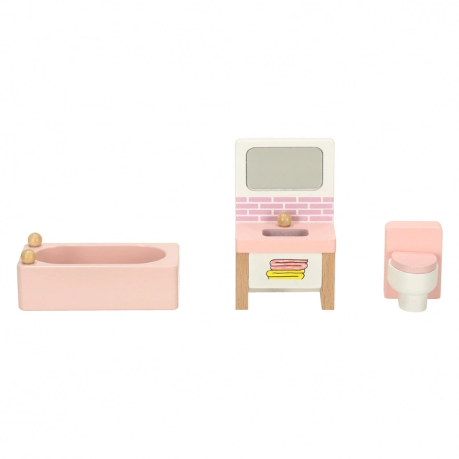 Puppenhausmöbelset für Wohnzimmer, Schlafzimmer, Badezimmer und Küche, aus Holz, rosa