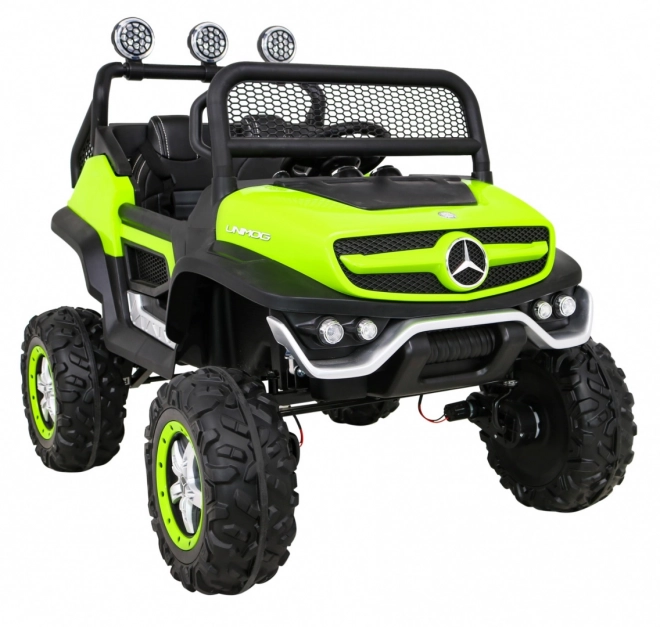 Mercedes Benz Unimog für Kinder Grün + Antrieb 4x4 + Fernsteuerung + Kofferraum + langsamer Start + MP3 LED