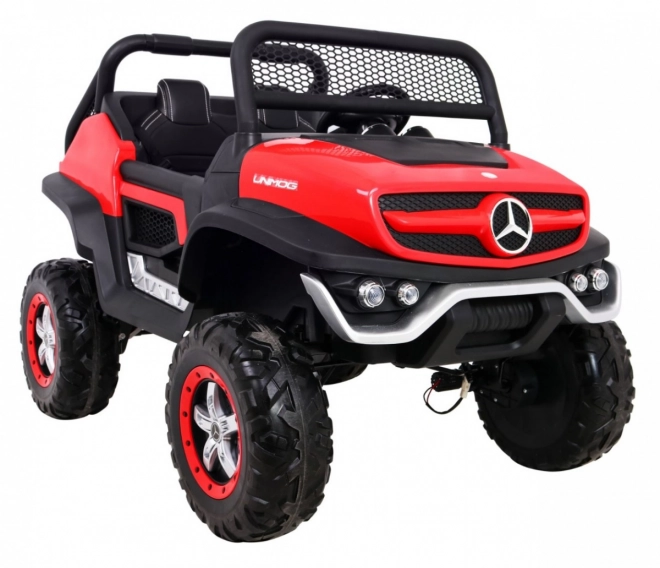 Mercedes Benz Unimog für Kinder Rot + 4x4 + Fernbedienung + Gepäckträger + sanfter Start + MP3 LED