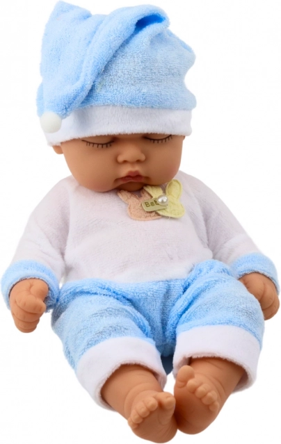 Puppe Schlafendes Baby im Blauen Pyjama mit Mütze