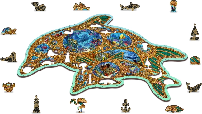Künstlerisches Delfinmotiv mit maritimen „Whimsy“-Teilen