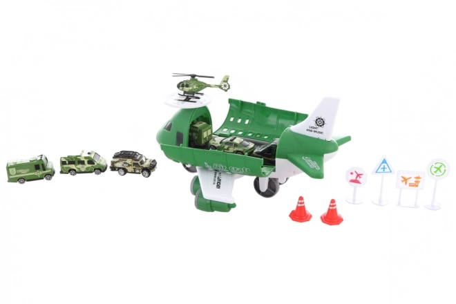 Flugzeug mit ausklappbarer Garage und Militärautos