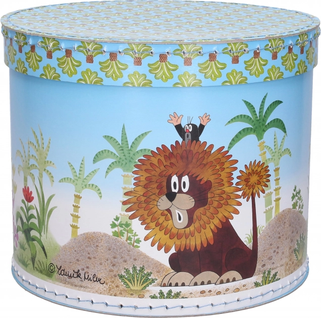 Runde Box mit Motiv von Maulwurf und Löwe