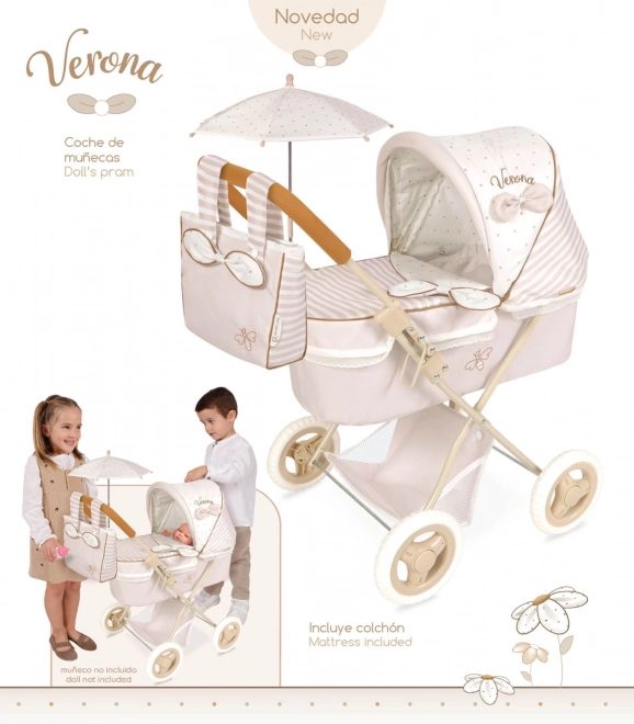 Klappbarer Puppenwagen mit Sonnenschirm und Tasche Verona 60 cm