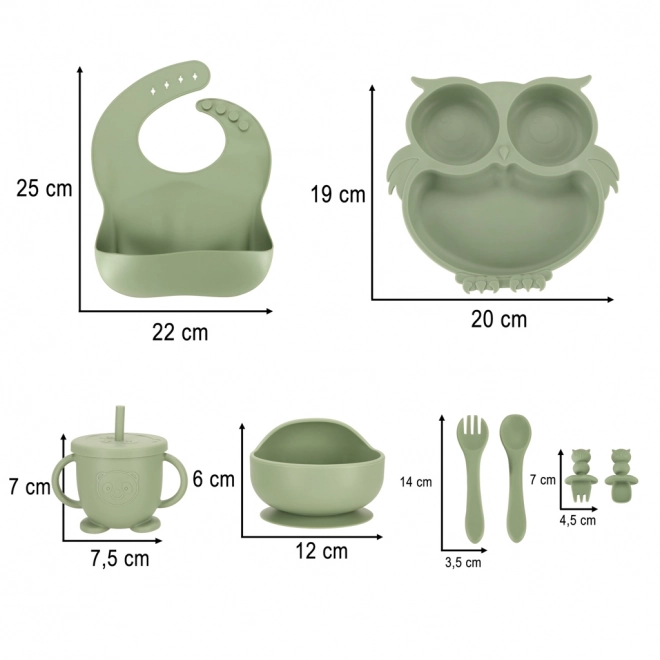 Silikon-Geschirrset für Kinder - 8-teilig, Eule, Militärgrün