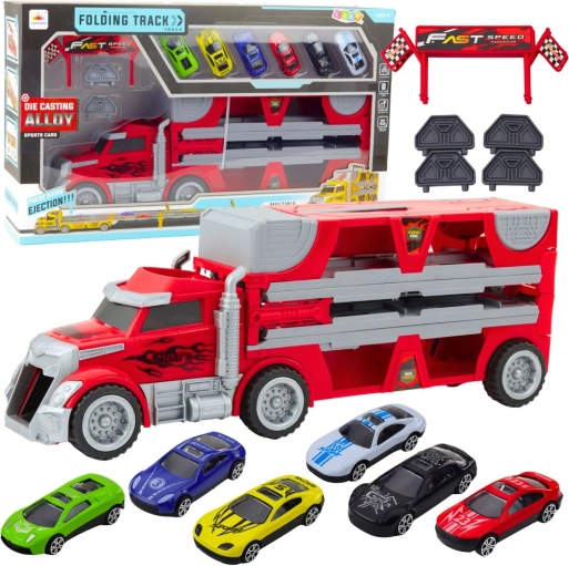 Ausklappbarer Truck mit Autorennbahn und 6 Autos