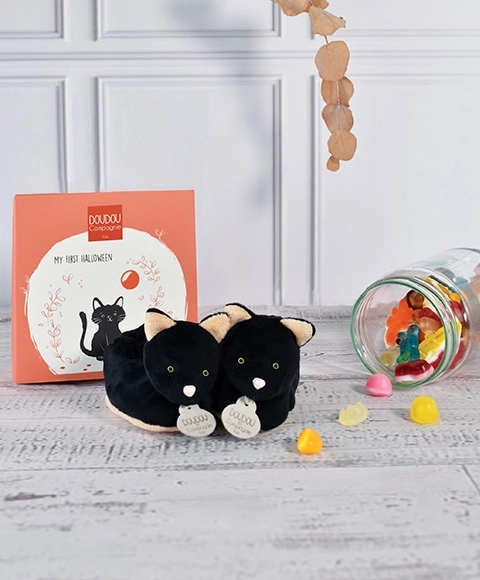 Doudou Geschenkset - Erstlingsschuhe Schwarze Katze 0-6 Monate