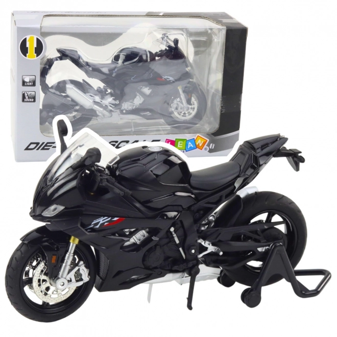 Metallmodell eines Sportmotorrads mit Beleuchtung und Sound schwarz 1:12