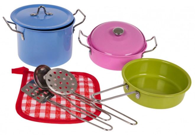 Bunte Metalltöpfe Set mit Zubehör