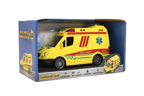 Autoambulanz Plastik 20cm mit Rückzug mit Sound und Licht in Box 26x15x12cm