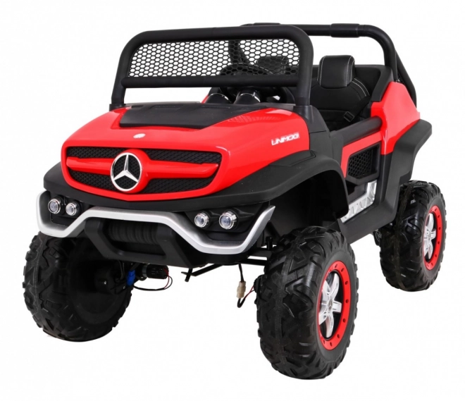Mercedes Benz Unimog für Kinder Rot + 4x4 + Fernbedienung + Gepäckträger + sanfter Start + MP3 LED