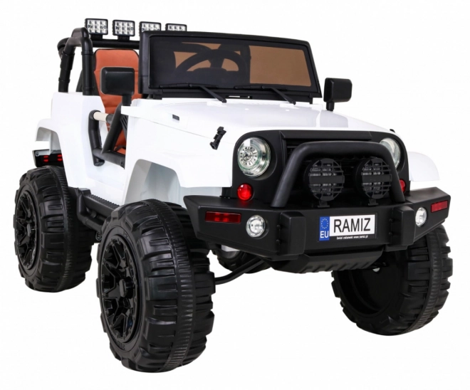 Weißer Kinder-Geländewagen auf Batterien + Fernsteuerung + Lichter und Geräusche