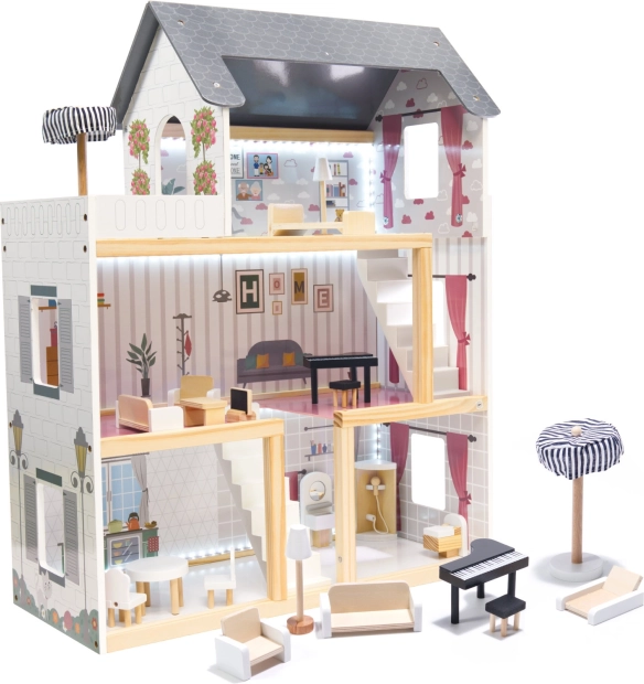 Holzpuppenhaus mit LED-Beleuchtung