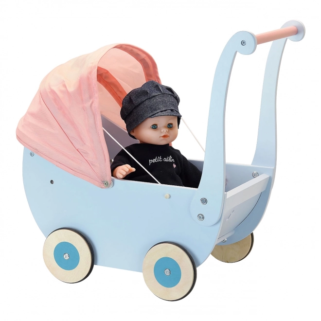 Blauer Holzpuppenwagen für Puppen bis 40 cm