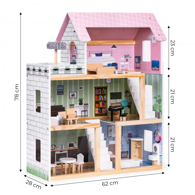 Holz Puppenhaus mit Terrasse und 15 Möbelstücken von ECOTOYS