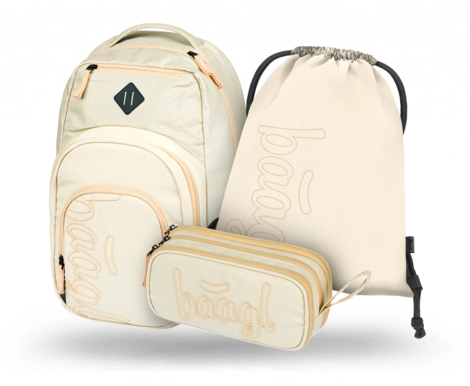 Baagl Set aus Rucksack, Federmäppchen und Turnbeutel in Beige