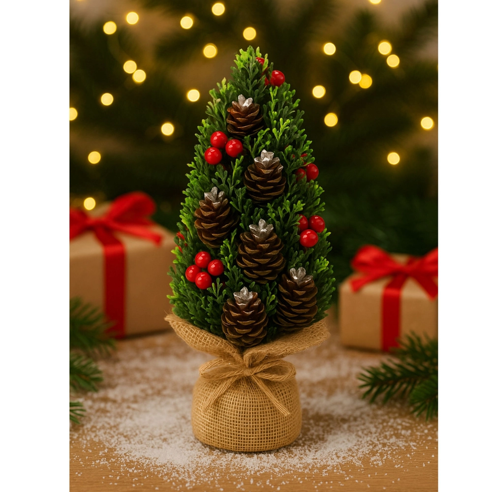 Mini-Weihnachtsbaum 40 Cm Hoch, Beflockt Mit Roten Beeren & Tannenzapfen | Künstliche Kiefer Auf Jute-Basis | Tischdeko Für Weihnachten, Party, Wohnzimmer