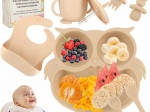 Silikon-Esstisch-Set für Kinder mit Eulenmotiv, 8-teilig, beige