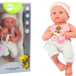 Babypuppe im weiß‑rosa Outfit mit Schnuller und Mützchen
