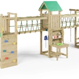 Holzspielplatz Fungoo Space Longer mit Rutsche, Kletterwand, Schaukeln und Matschküche