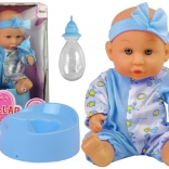 Baby-Puppe blau mit Töpfchen und Fläschchen 24 cm