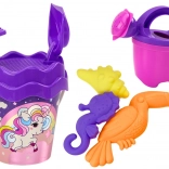 Kindersandspielset mit Einhorn – Eimer, Schaufel, Rechen, Gießkanne und Förmchen (violett)