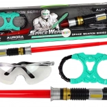 Kosmisches Set: Lichtschwert mit türkisfarbenem Licht und Schutzbrille mit Sound