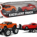 Fahrzeugset: Oranger Monstertruck mit Abschleppanhänger und rotem Sportwagen 58 cm