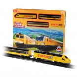 Zug RegioJet MINI mit Batterie – gelbe Lokomotive mit Waggons und Gleisoval