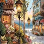 Diamantmosaik – Blumenstraße mit Lampen