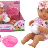 Stoffpuppe Baby mit rosa Outfit mit Flamingos und Fütterungszubehör