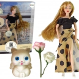 Stoffpuppe Emily mit Kätzchen und Rosen, langes Haar