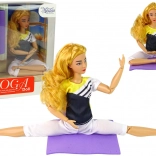 Gelenkige Yoga-Puppe mit langen blonden Haaren und Matte