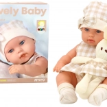 Puppenbaby im Tragegurt Häschen Kariertes Kleid beige