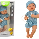 Puppe Baby im blauen Outfit mit Mütze und Schnuller