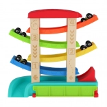 Kaskaden-Rennbahn für Spielzeugautos mit 4 Fahrzeugen, Holz und Kunststoff, 33 × 32 × 10 cm