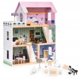 Holz-Puppenhaus 3 Etagen Terrasse mit Set aus 15 Möbelstücken ECOTOYS