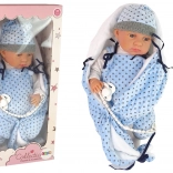 Realistische Baby-Puppe 46 cm mit blauer Decke und Schnuller