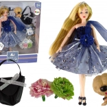 Puppe Emily mit Hund, Handtasche und Blumen