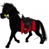 Samtige Figur eines schwarzen Pferdes mit roter Satteldecke und Sattel