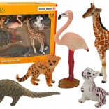 Set von Tierfiguren: Giraffe, Flamingo, Elefant, Tiger