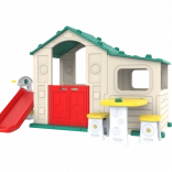 Großes Kinderspielhaus mit Vorraum, Rutsche und grünem Dach