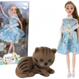 Puppe Emily Frühling mit langen Haaren in blauem Kleid und Kätzchen
