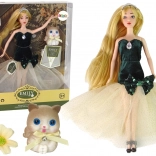 Puppe Emily mit langen Haaren, Kätzchen und Blumenverzierung