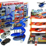 Mehrstöckige Garage mit kleinen Autos und Hubschrauber