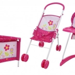 3-teiliges Puppenset – Kinderwagen, Hochstuhl und Reisebett Blumen