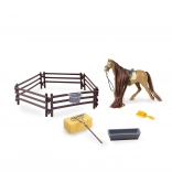 Braunes Pferd mit Zubehör und Zaun 14 cm