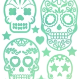 Fluoreszierende Bügelbilder – großer Bogen mit Totenkopfmotiven